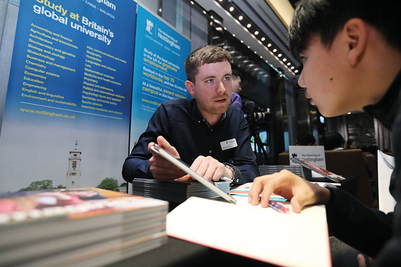 Joshua Hawkins, of University of Nottingham, attends UK Education Expo in Royal Plaza Hotel in Mong Kok