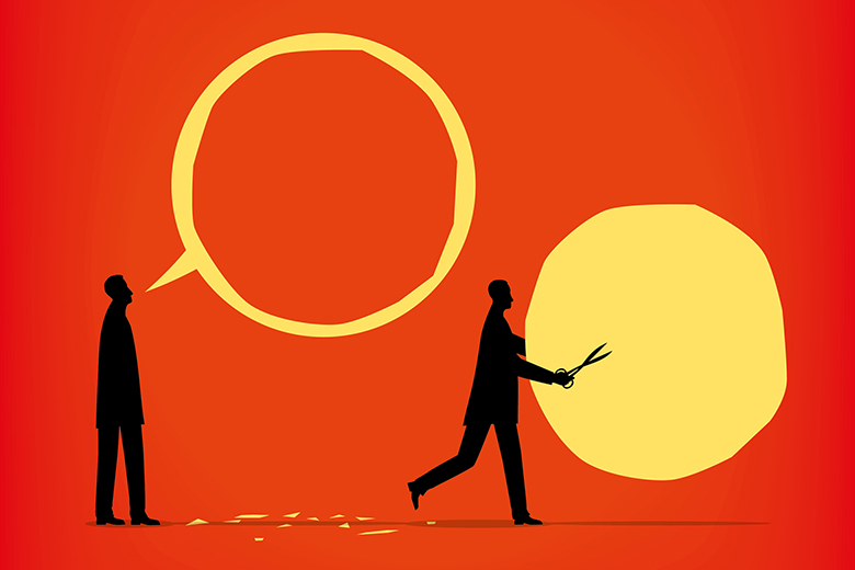 Illustration of person cutting content from speech bubble, representing demise of critical comments in journals