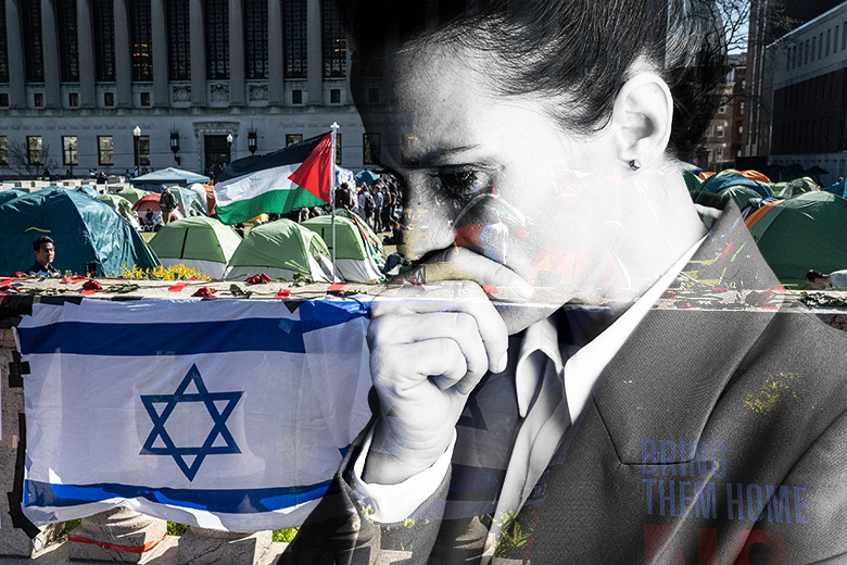 Montage of a doubtful looking woman with a background showing a pro-Israeli protest near students participating in a pro-Palestinian encampment on their campus. To illustrate how HE socialises women faculty to avoid difficult classroom debates.