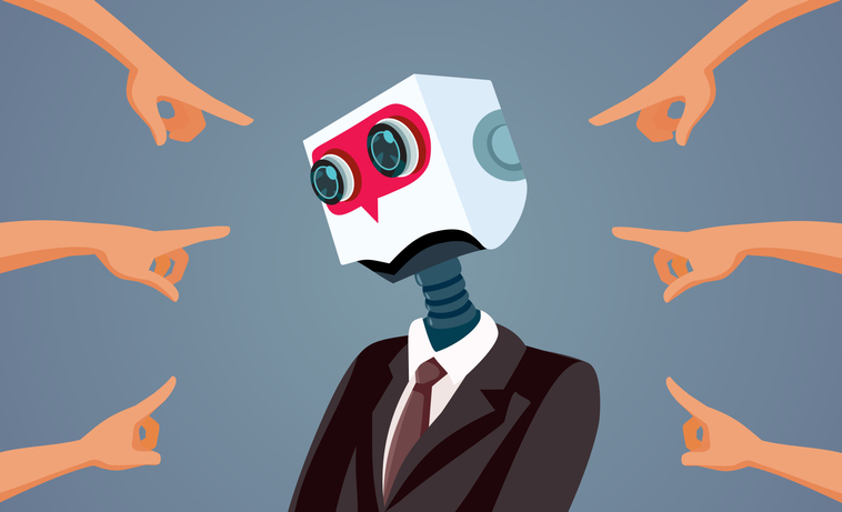 Multiple fingers point at a robot, symbolising accusations of AI use