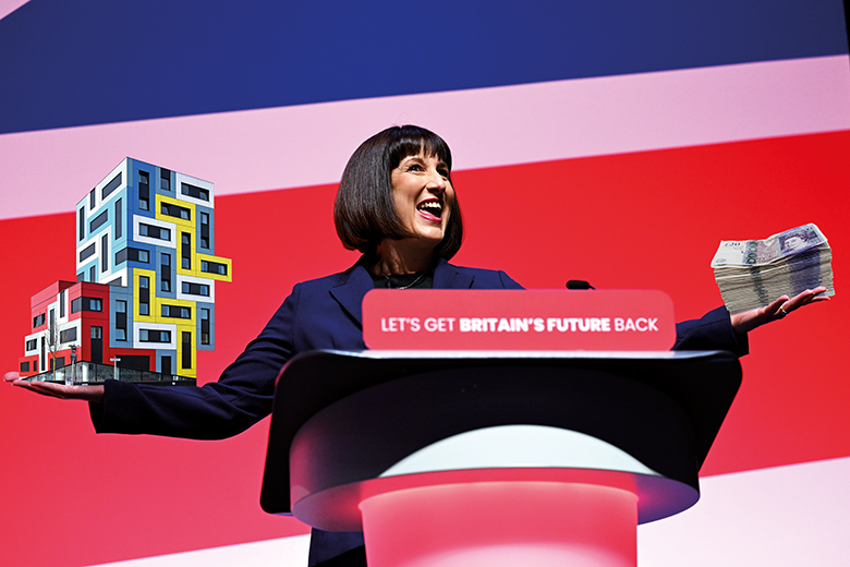 Montage: Rachel Reeves at lectern, money in one hand, buildings in the other to illustrate English higher education would not get something for nothing from Labour