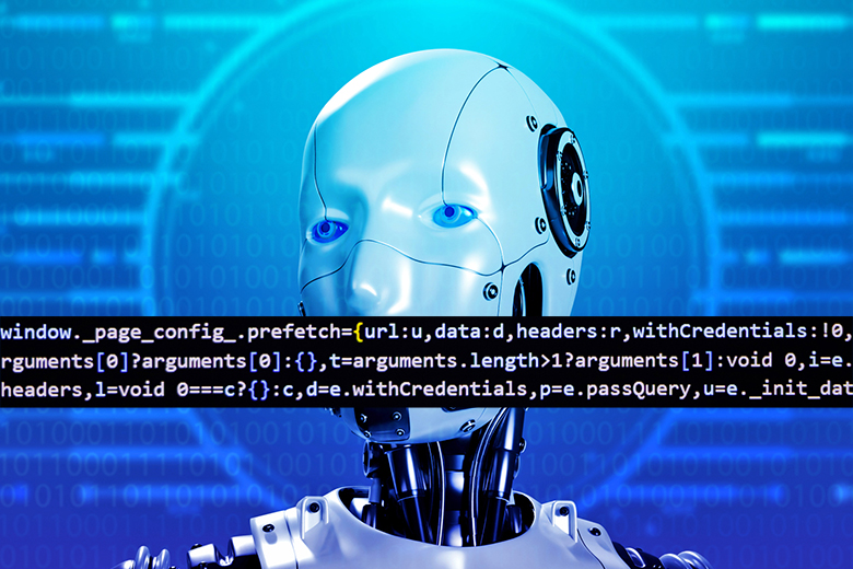 Robot with computer code over its mouth, illustrating AI censorship.