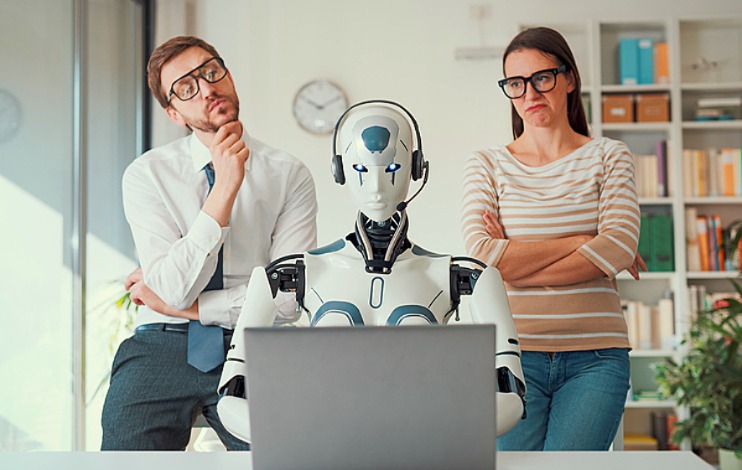 Two people scrutinise a robot
