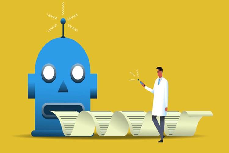 A robot spews out writing, illustrating AI in academic publishing