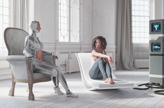 A robot talks to someone on a couch, illustrating AI's therapeutic use
