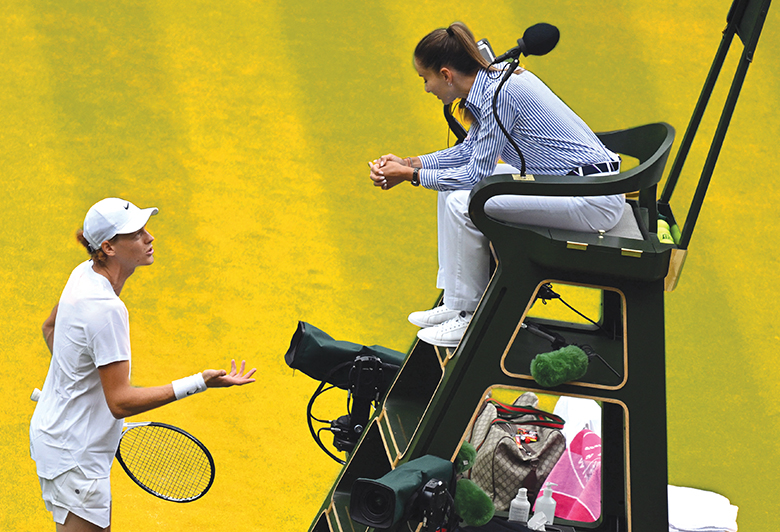 Jannik Sinner complains to the umpire after losing a point aginst Colombia's Daniel Elahi Galan during their men's singles tennis match on the seventh day of the 2023 Wimbledon Championships to illustrate What if ethics regulation actually fostered ethic