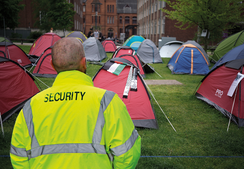 `montage of a security guard looking at tents elonging to pro-Palestinian protesters camping outside Manchester University to illustrate We security guards won’t be taking the US approach to encampments