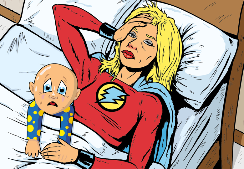 Illustration of woman in bed wearing superhero outfit with a baby looking stressed