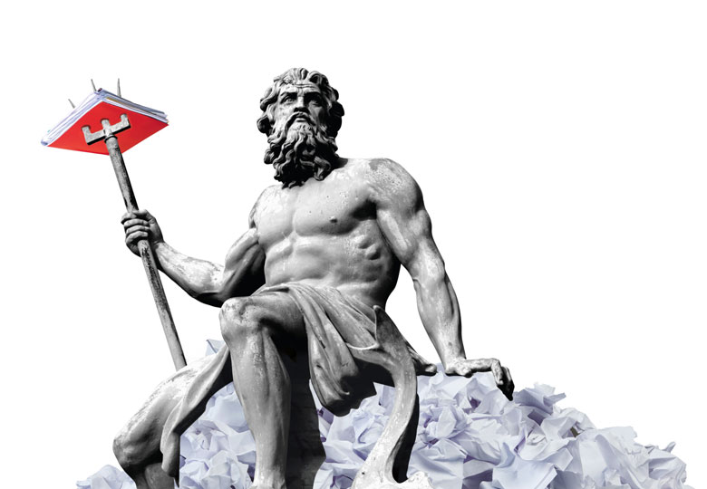 Montage of statue of Poseidon sitting on heaps of paper