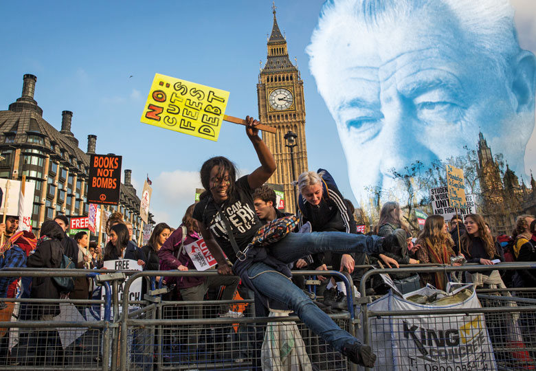 Montage of potestors jumping over the barriers surrounding Parliament Square during a march against student university fees with Lord Robbins portrait in the background to illustrate Do we need another Robbins report? Only if it faces up to finance