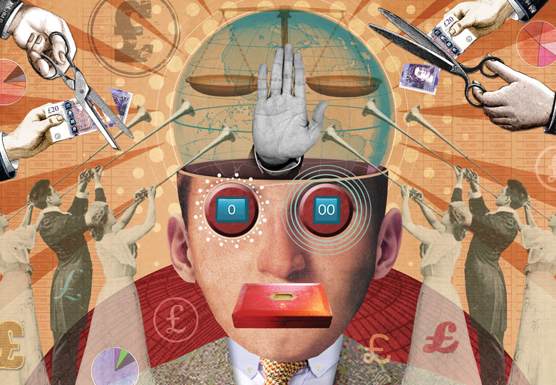 Illustration collage of a head with hand and scales inside and money cut and people playing long trumpets looking up at head to reflect GCRF cuts but having to support one particular cause is not academic freedom by-Miles-Cole.jpg