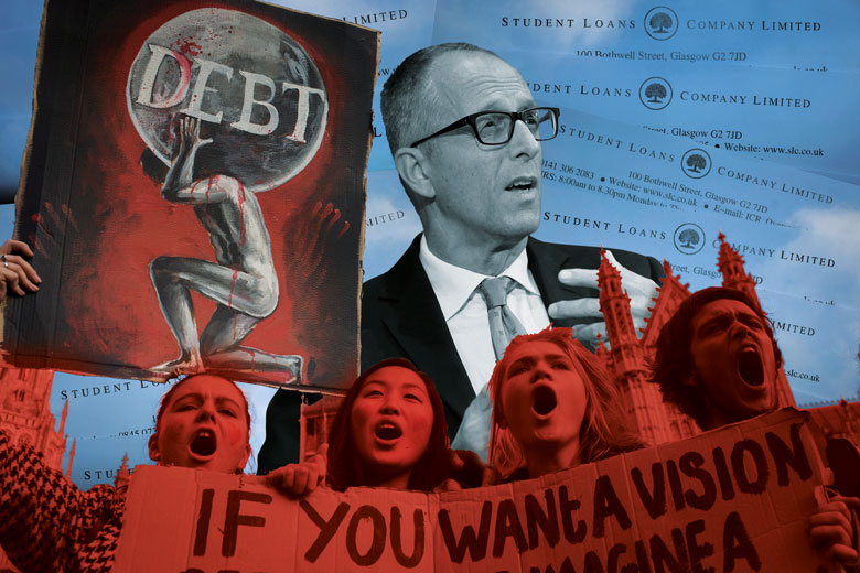 Collage with A young student protests outside parliament in Westminster, against spending cuts, tuition fees and student debt. to illustrate Augar response makes balanced adjustments to England’s funding model