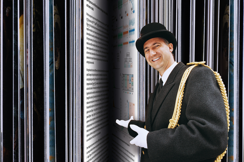 Montage of a closeup of the edge of open book pages with a person smiling gesturing towards it to illustrate Peer reviewers: chill out and don’t let the power go to your head