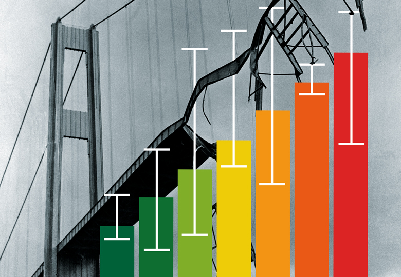 Montage of a graph between the Tacoma Narrows Bridge collapsing in Washington to illustrate All science papers must declare how confident we should be in them