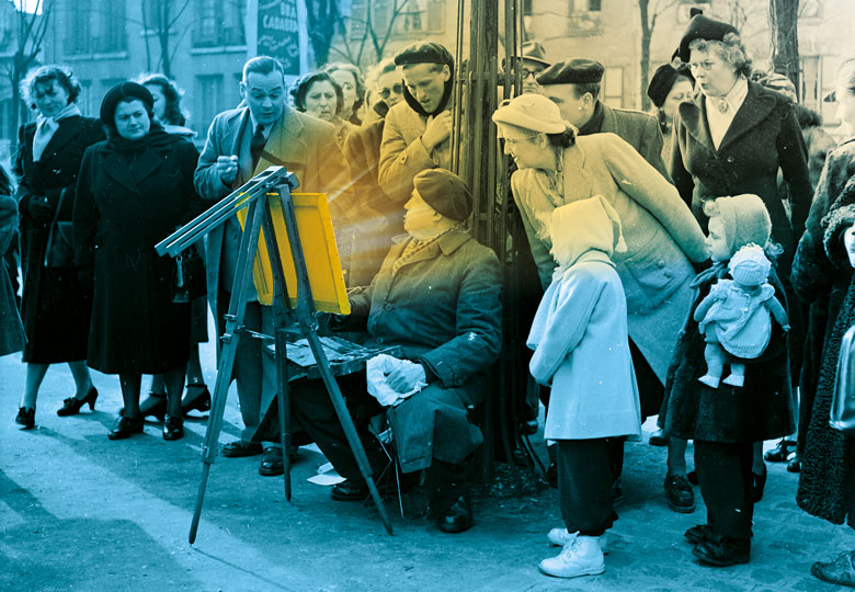 An artist sets up his easel on Montmartre in Paris, and immediately attracts a curious crowd of onlookers.