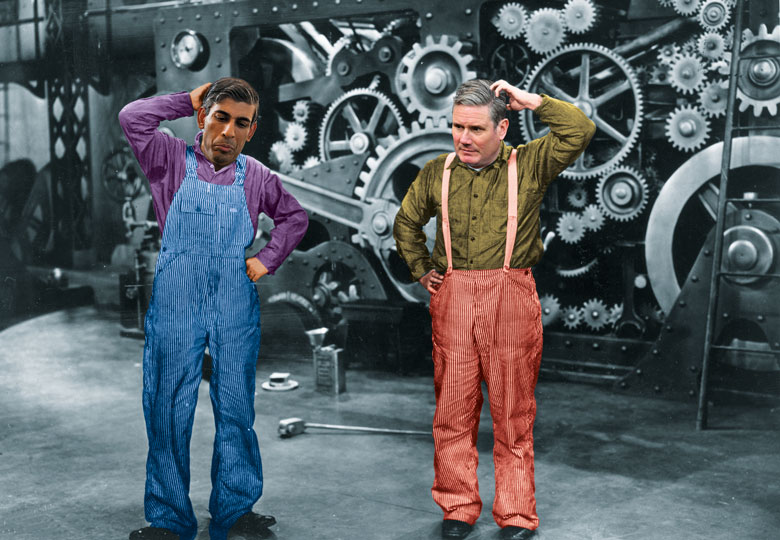Rishi Sunak and Keir Starmer montage on film still scratching their heads to illustrate System engineering