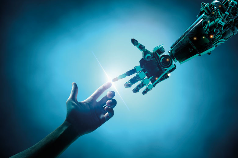Person’s finger touching a robots finger to illustrate the barriers to interdisciplinary science must be lowered