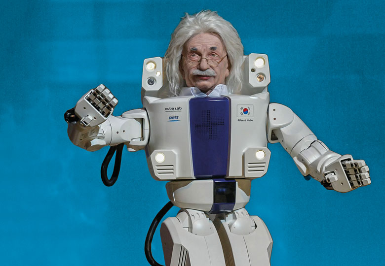 Albert Einstein head in a humanoid prototype to illustrate AI will replace academics unless our teaching challenges students again