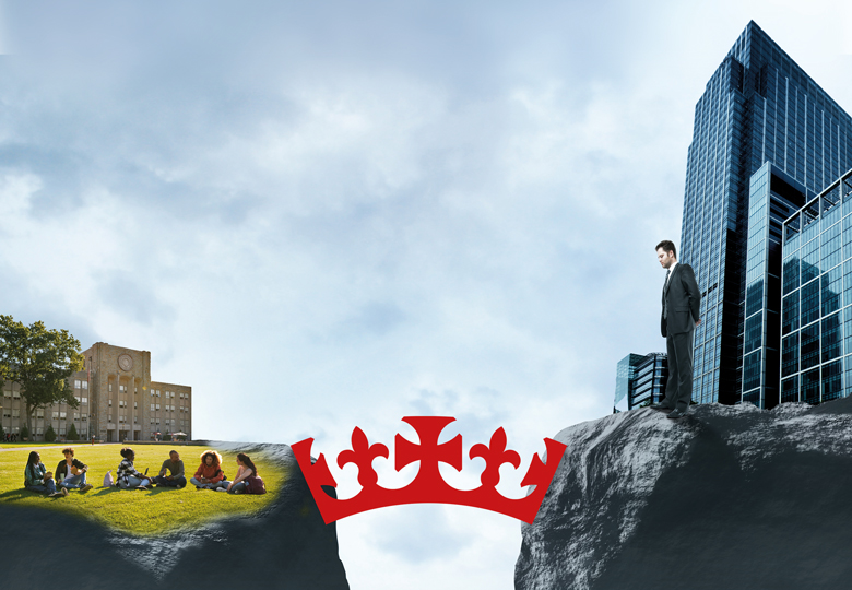 A montage featuring skyscraper buildings on one side and students on the other, connected by a crown-shaped bridge to illustrate Labour must help strengthen links between business and UK HE