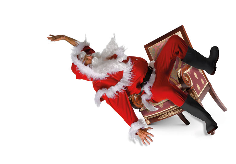 Montage of Father Christmas falling over while sitting on a chair with only three legs to illustrate So you want a chair for Christmas. Are you sure?