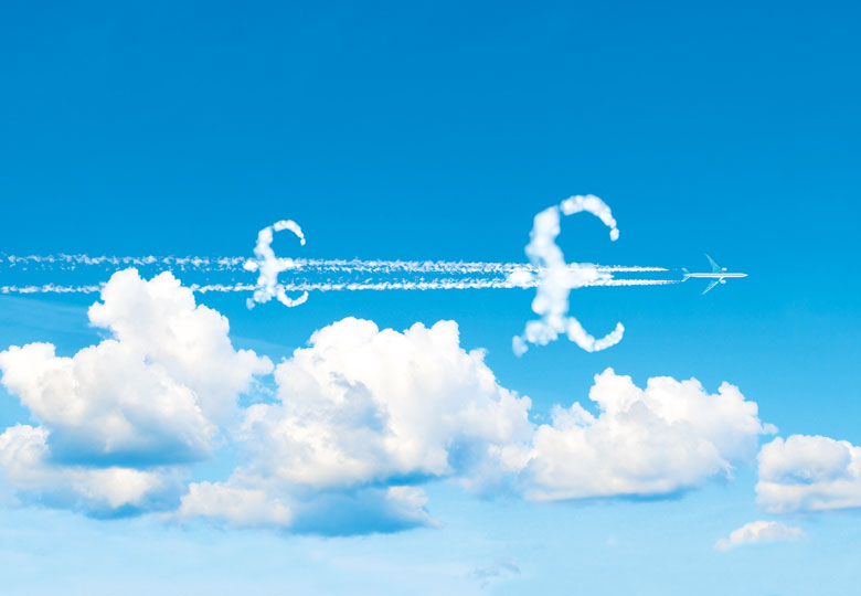 Montage of plane flying with £ symbol clouds to illustrate We need cash incentives to shrink carbon footprints