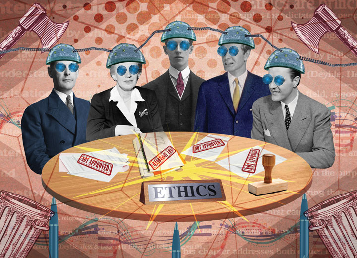 Group sitting around table being brainwashed with 'Not approved' signs on the table to illustrate Why we should abolish ethics committees