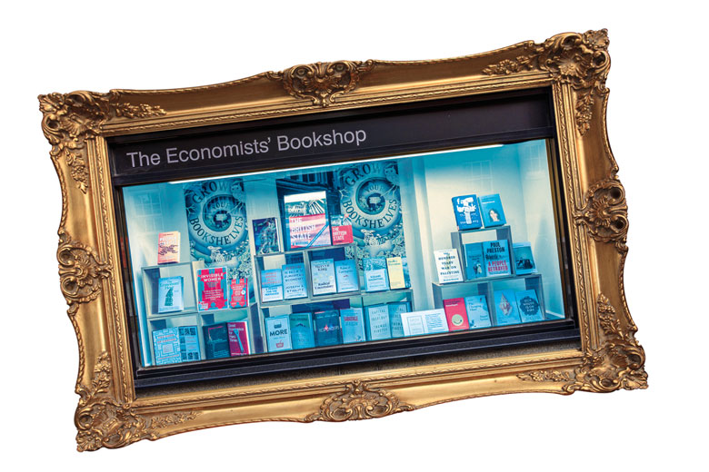 Montage of a book shop window inside a gold picture frame