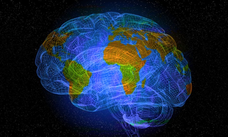 A networked brain with a world map superimposed