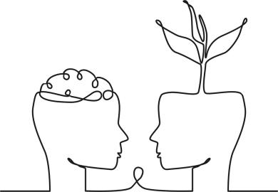 Line drawing of two heads, one with a brain and the other with a plant growing where the brain should be