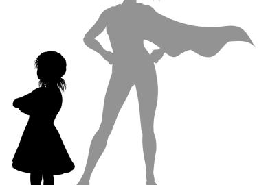 Small girl whose shadow is a superhero
