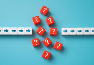 Arrows pointing to a collection of question marks, followed by arrows pointing straight out the other side