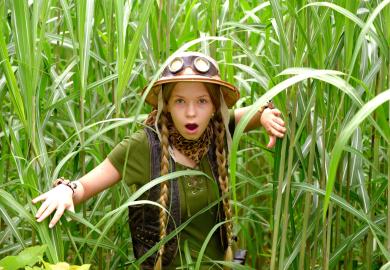 Explorer in pith helmet, wading through tall grass