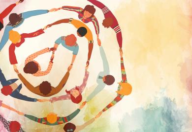 Concentric circles of people holding hands