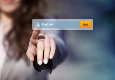 Woman hits "Find job" button on computer screen