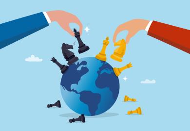 Two people playing chess on a globe