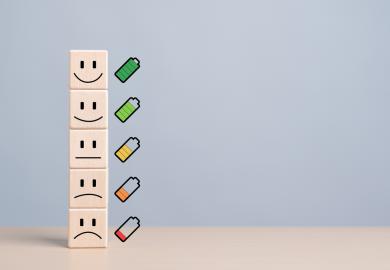 Five faces, with images of batteries running out of power next to them