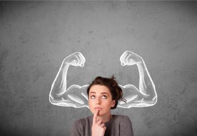 Woman thinking, with a drawing of muscled arms behind her head