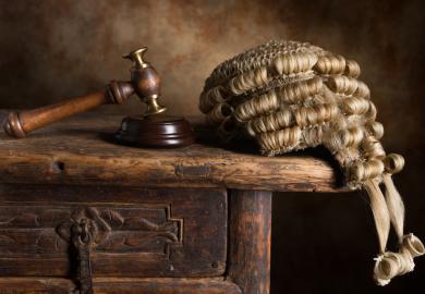 Barrister's wig and judge's gavel