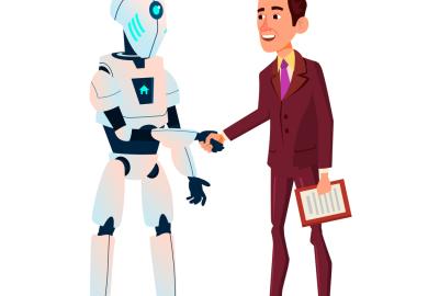 Illustration of robot and human shaking hands and chatting