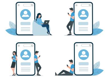 Four smartphones showing social-media profiles, with students sitting or standing next to them