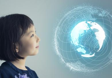 Child looking at hologram of Planet Earth