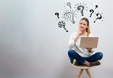 Student sitting with laptop, with line-drawing question marks around her head