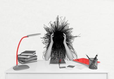 Stressed student, with hair sticking out in all directions