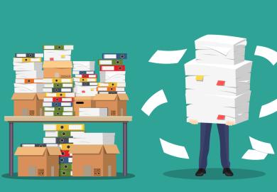 Drawing of person carrying enormous pile of paper, next to desk filled with files