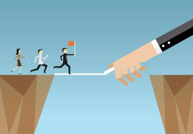 Large hand drawing a line that smaller people are using to cross a chasm