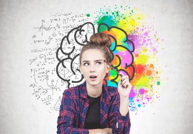 Student in front of image of the brain, one half covered in equations, the other half splattered with paint