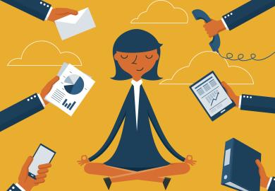 Drawing of woman looking zen, while people make admin demands of her