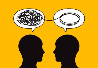 Drawing of one person whose speech bubble is tangled thread, and the other whose speech bubble is a spool of unravelled thread