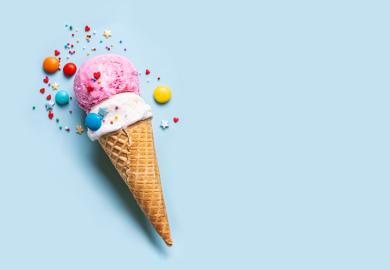 An ice-cream cone with two scoops, each a different flavour