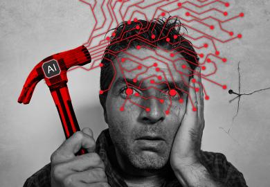Man holding a hammer with AI chip, and circuit covering the man's face. To illustrate that framing AI as a helpful ‘tool’ disguises how much it guides every element of critical thinking that academics seek to cultivate.